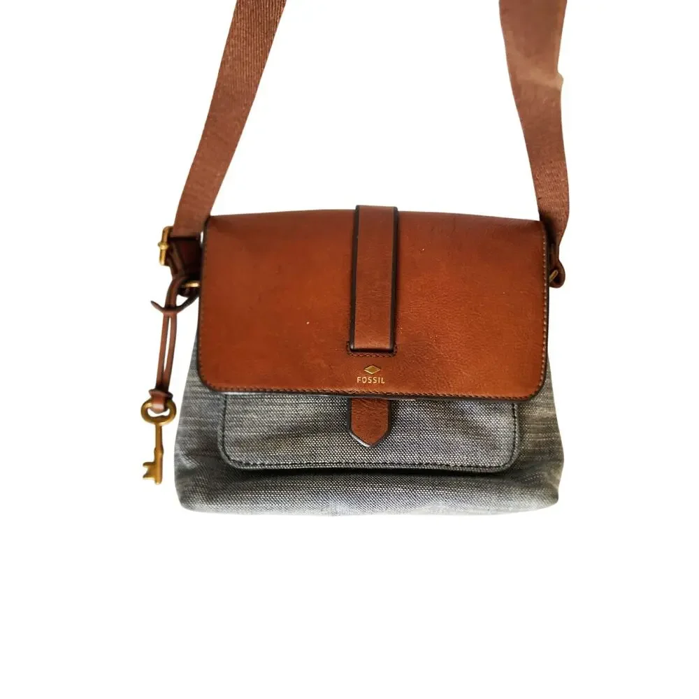 Fossil Kinley Crossbody Mixed Media Bag Purse Blue Cloth Brown Leather Blend